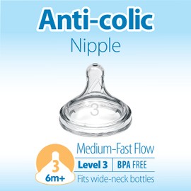 Dr. Brown's Natural Flow® Level 3 - Tetina de silicona para biberón de cuello ancho, flujo medio rápido, 6 m + 100% silicona para biberón, paquete de 6