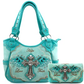 Justin West Women's Concealed Carry Angel Wings Cross Faith Hope Love Western Handbag Tote Purse (Turquoise Purse Wallet Set)