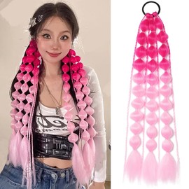 PORSMEER Rainbow Bubble Ponytail Extensions With Hair Tie Coloured Hair Extensions for Braiding 22 inch Colorful Ombre Mermaid Pony Tail Synthetic Hair Extensions for Girl Women(Red/Pink)