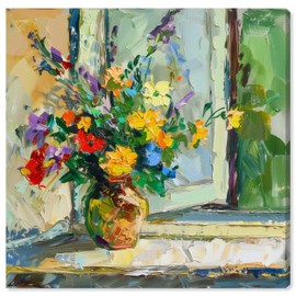 Art Remedy Vase By The Window Gallery Wrapped Impressionism 1 Piece Canvas Wall Art/Monet And Van Gogh Inspired Art, 12" x 12", Gallery Wrapped