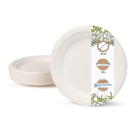 BIOZOYG Environmentally friendly disposable Bagasse cockery set I 50 pieces whitely bleached round sugar cane plate of 18 cm I Bio disposable plates, disposable Party plates and bowls