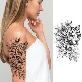 Animal Flower Temporary Tattoo For Women Half Sleeve, Large Realistic Tiger Lion Floral Fake Tattoo Adult Girl Thigh Chest, Black Leopard Pendant Temp Tatoo Sticker Arm Back Body Art Makeup, 8-Sheet