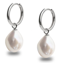 Hoop Earrings 16mm with 11-12 mm Baroque Freshwater Cultured Pearl Interchangeable Charm for Woman Secret & You - Rhodium Plated 925 Sterling Silver