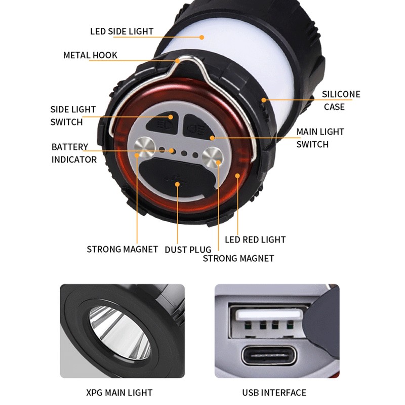 Camping Lantern Magnetic IP67 Waterproof Type C Charging Portable LED