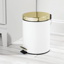 mDesign Small Modern 1.3 Gallon Round Metal Lidded Step Trash Can, Compact Garbage Bin with Removable Liner Bucket and Handle for Bathroom, Kitchen, Craft Room, Office, Garage - White/Soft Brass, 5 liter