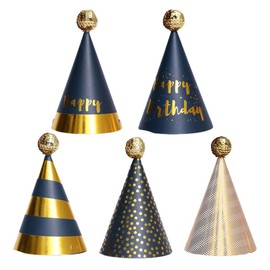 BIAEHIPATE 5Pcs Happy Birthday Party Cone Hats Paper Gold Foil Cone Hats for Kids Adults Multicolor (Golden)