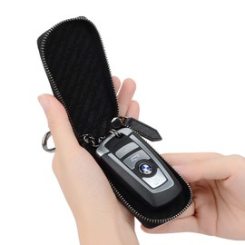 VISOUL Genuine Leather Key Fob Key Bag Car Key Pendant Antique Vintage Carabia Hook Bag Zip, Carbon (black)