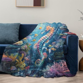 Mounidso Seahorse Blanket, Sea Horse Flannel Blanket Gifts for Women, Soft Warm Lightweight Ocean Blankets for Living Room Home Sofa Travel Decor 50" x 60"