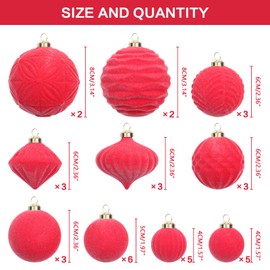Super Holiday Velvet Christmas Ornaments Set, 35PCS Flocked Shatterproof Assorted Hanging Xmas Tree Ball Decorations, for Home Party Holiday Decor, Red