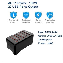 Gcidto 20-Port 100W High-Power Multi-USB Station, Smart Multi-Port Charger for Fast Charging of Smartphones, Tablets, and USB Devices.(20 port-black)