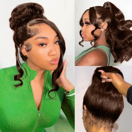 360 Lace Front Wigs Human Hair Pre Plucked, 200 Density Chocolate Brown Lace Front Wig Body Wave Frontal 360 Full Lace Human Hair Wigs, HD Lace Front Wigs Glueless with Baby Hair 26 Inch