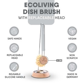 EcoLiving Non-Scratch NO Plastic Dish Brush (FSC Certified) – Cruelty-Free Dish Brush – Eco Friendly Washing Up Brush - Biodegradable and Made Sustainable Materials- Tough eco Dish Brush (Grey)