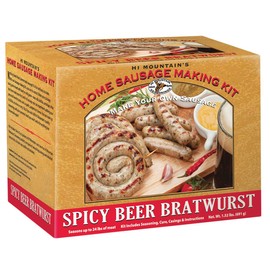 Hi Mountain Seasonings ǀ SPICY BEER Bratwurst Sausage Making Kit ǀ Includes Sausage Seasoning, Cure, Hog Casings, and Simple-to-Follow Directions ǀ Creates 24 lbs of Delicious Bratwurst Sausage