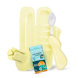 RADIUS Vacation Pastel Bundle, Includes Right Handed Big Brush, Toothbrush Travel Case, DOC Toothbrush Holder, Anywhere Travel Floss Packette, Lemon Meringue Yellow, 4 Piece Bundle