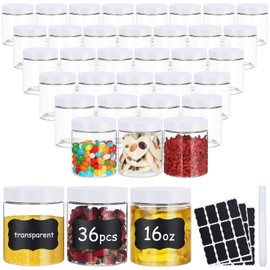 NOIRUC-CZ 36pcs 16 oz Plastic Containers with Lids Pen Labels Leak Proof BPA Free Airtight Refillable Clear Small Containers Storage Jars for Storing Dry Food Makeup Slime Honey Jam,white