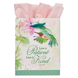 Christian Art Gifts Medium Portrait Inspirational Scripture Gift Bag, Tag & Wrapping Tissue Paper Set for Women: Love is Patient Encouraging Bible Verse, Hummingbird, Glittered Floral White/Green/Pink