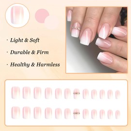 Boloshine 24Pcs Press on Nails, Glossy Short Acrylic French Tip False Nails, Square Glue-on Fake Nails, Removable Stick on Nails French Manicure for Women Girls Nail Accessories - Delicate Petals