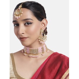Aheli Gold Plated Pink Multistrand Ethnic Choker Necklace Earring Maangtikka Jewelry Set Gift for Women