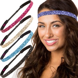 Hipsy REGULAR Size, Adjustable No Slip Sparkly Bling Glitter Skinny 5pk Headbands for Women Girls & Teens (Skinny Purple/Black/Teal/Gold/Hot Pink)
