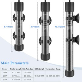 HITOP Thickened Glass Aquarium Heater: 50W 100W 300W Upgraded Fish Tank Heater with Controller, Fish Tank Thermostat Heater for Seawater/Fresh Water 5-65Gal