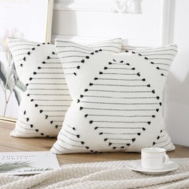 Set of 2 Cotton Knitted Boho Throw Pillow Covers 20 x 20,Modern Accent Decorative Square Cushion Covers Pillowcase for Farmhouse Couch Sofa Bed Livingroom, Black and Cream White