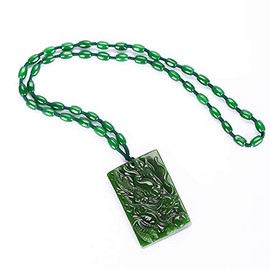 yigedan Chinese Hand-Carved Green Natural Jade Dragon Lucky Pendant Beads Necklace