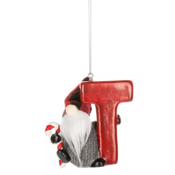 Ganz GNOME Monogram Initial Christmas Ornament w/Candy Cane "T" 3"