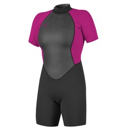 O'Neill Women's Reactor-2 2mm Back Zip Short Sleeve Spring Wetsuit, Black/Berry, 6