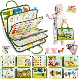 Almaxi Busy Board German Montessori from 2 Years, 10 in 1 Montessori Toy Activity Board Motor Skills Toy & Educational Toy for 2 3 4 5 Years, Farm Busy Book Toddler Toy for Long Rides