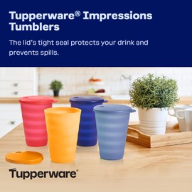 Tupperware Impressions Tumbler Set, 4 Count, Dishwasher Safe and BPA Free (4 Tumblers, 4 Lids, 17 fl oz each) Multicolor