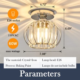 YYJLX Modern Semi Flush Mount Ceiling Light Fixture E26 Mini Crystal Chandelier Chrome Small Ceiling Lamp for Entryway Bedroom Bathroom Hallway Closet Foyer （Silver