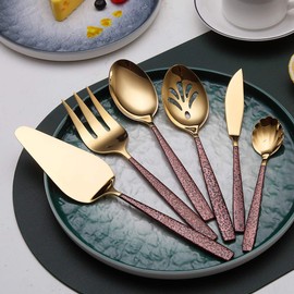 Berglander 30-piece Cutlery Set with Moon Surface Handle and Shiny Golden Titanium Coating, Modern Stainless Steel Cutlery Set, Set of Utensils, 6 Place Settings.