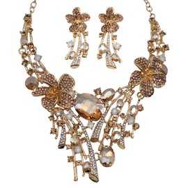 Qlavoca Crystal Flower Jewelry Set for Bride Colorful Statement Necklace & Earrings, Vintage Bridal Accessories for Weddings, Evening Parties Ball Gown, and Formal Event Outfits (Champagne)