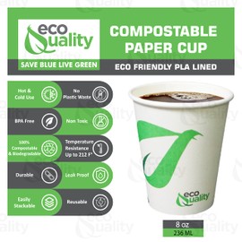 8 oz Compostable Paper Cups - Biodegradable Disposable White Paper Coffee Cups PLA Lined - Eco-friendly Hot and Cold Drinking Cups for Travel, Picnic, Party and Events (50)