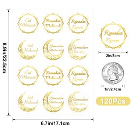 Anwyll Ramadan Stickers,Gold Foil Eid Mubarak Stickers Large,120Pcs 2Inch Ramadan Mubarak Stickers,Self-Adhesive Ramadan Kareem Islamic Stickers for Eid Ramadan Party Envelope Card Goodies Bag Basket