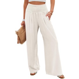 ANRABESS Women Palazzo Pants Summer Flowy Wide Leg High Waist Lounge Trousers with Pockets 2025 Casual Beach Vacation Outfits Beige Large