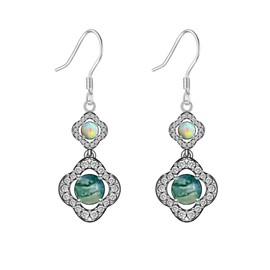 Natural Moss Agate Earrings for Women - 925 Sterling Silver Dainty Four Leaf Clover White Opal and Green Moss Agate Drop Dangle Earrings Birthday Christmas Jewelry Gifts for Women