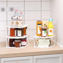 VERTORGAN Bamboo Corner Shelf(3 Pack),2 Tier Plate Organizer for Cabinet and Countertop,Pantry Dish and Spice Rack for Kitchen(White)