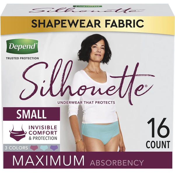 Depend Silhouette Incontinence Underwear, Small (26–34" Waist), Maximum Absorbency, 16 Count