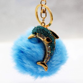 Uloveido Women Girls Pom Pom Keychains Cute Light Blue Dolphin Key Chains Keyrings Gold Plated for Women Car Handbag YS850