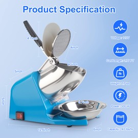 Shcazhcx Dual Blades 143 lbs/hr Electric Ice Crusher, 300W Ice Crusher, 2200 RPM Ice Shaver Machine with Extra Blade and Ice Pick for Home and Commercial Use, ETL-Listed, Blue