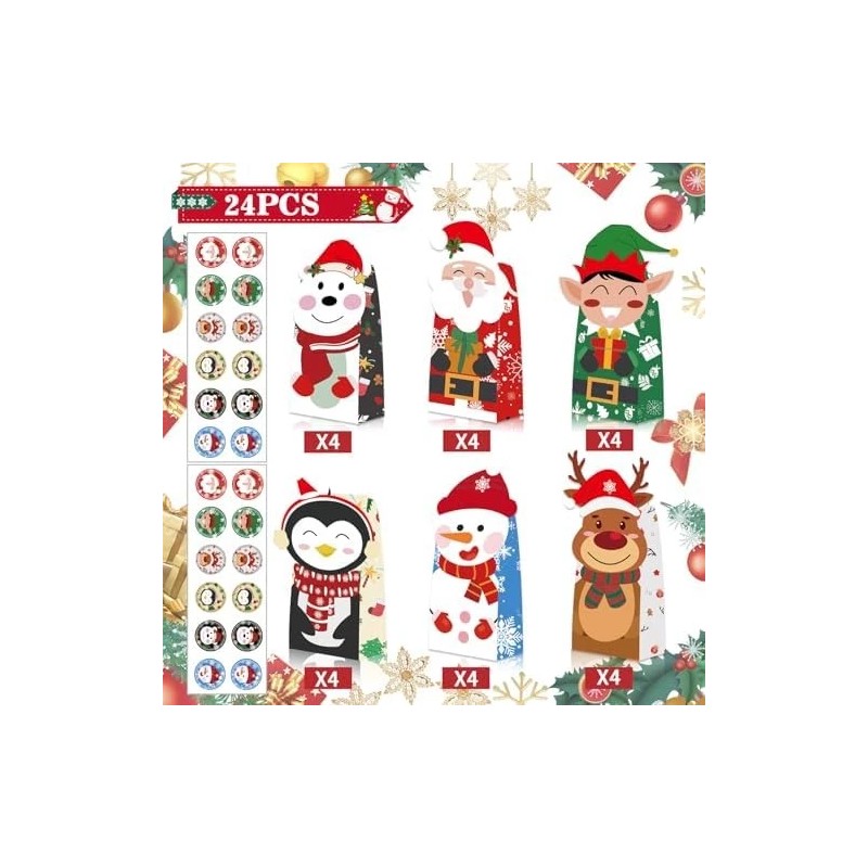 Christmas Gift Bags Kraft Paper with Handles 24 Pack