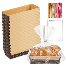 FDKYOEK - 25 sartenes de papel de 8 x 2.5 x 2.5 pulgadas para hornear, sartenes desechables de 1 libra con bolsas de embalaje de plástico transparente y corbatas, bandeja de pan de papel rectangular