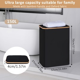 iEGrow 150L Laundry Basket with Lid,Large Laundry Hamper with Bamboo Handles, Hampers for Laundry, Dirty Clothes Hamper with 2 Removable Inner Bags for Clothes Toys Towels,Black