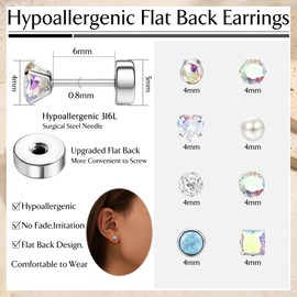 MILACOLATO Surgical Steel Earrings for Sensitive Ears 20G Flat Back Earrings for Women Men Small Stainless Steel Earrings Studs Cartilage Earring Opal Ball CZ Flatback Earrings AB Tone