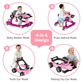 BABY JOY 4-in-1 Baby Walker, Foldable Activity Walker with Adjustable Height & Speed, Music, Lights, Steering Wheel, Comfy Seat Cushion, Activity Baby Push Walker for Boys Girls Aged 6 –18 (Purple)