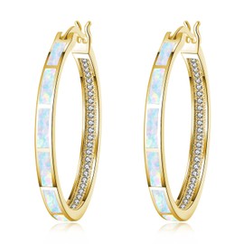 CiNily Hoop Earrings for Women with White Opal Rhodium Plated Gemstone Large Big Hoop Earrings Jewelry 32mm