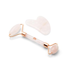 FFS Beauty | Gua Sha Stone & Rose Quartz Massage Roller Set | Dual Calming Rollers | Cooling Sensation | Improves Blood Flow & Revitalises Puffy Skin | Heart-Shaped Design for Contouring