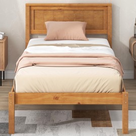 THINK 30 Wood Platform Bed, Bed Frame with Headboard, Wood Slat Support, No Box Spring Needed, Twin, Oak