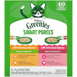 Greenies Feline Smart Purees Healthy Indoor and Skin & Fur Health Lickable Cat Treats, with Real Chicken, with Real Salmon, 0.49 oz. Tubes, 40 Count